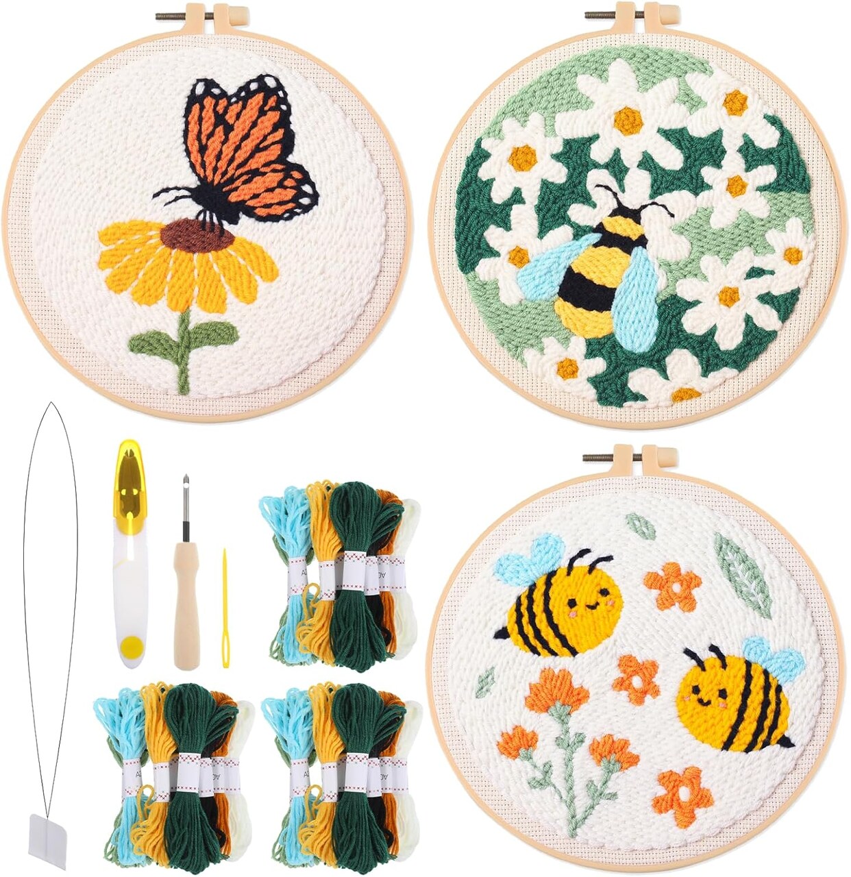 3-Pack Punch Needle Kit – Cute Floral, Bees & Butterfly Embroidery Set for Beginners and Kids, Includes Hoop, Needles, Yarn, Fabric & Instructions